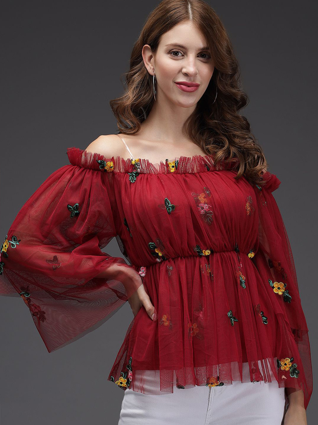 

TANDUL Floral Embroidered Off-Shoulder Net Top, Maroon