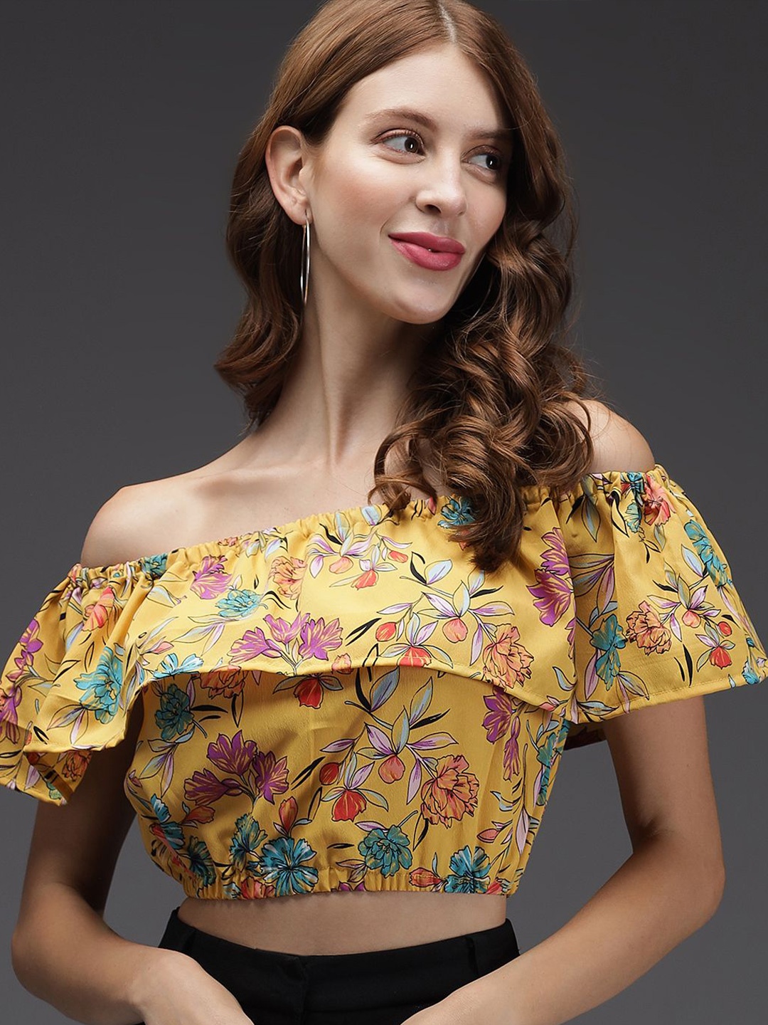 

TANDUL Floral Print Off-Shoulder Flared Sleeve Top, Yellow