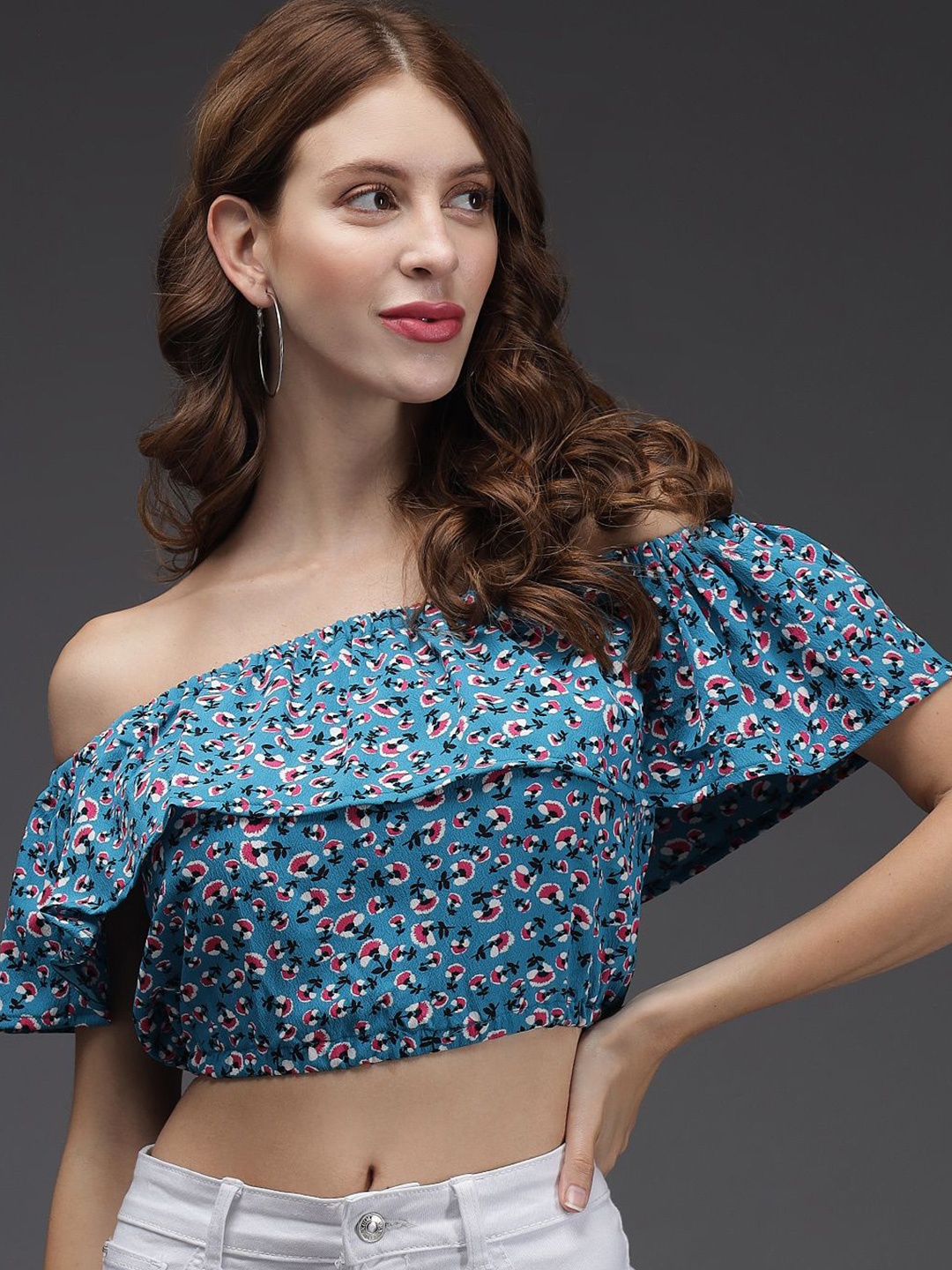 

TANDUL Floral Printed Off-Shoulder Crop Top, Blue