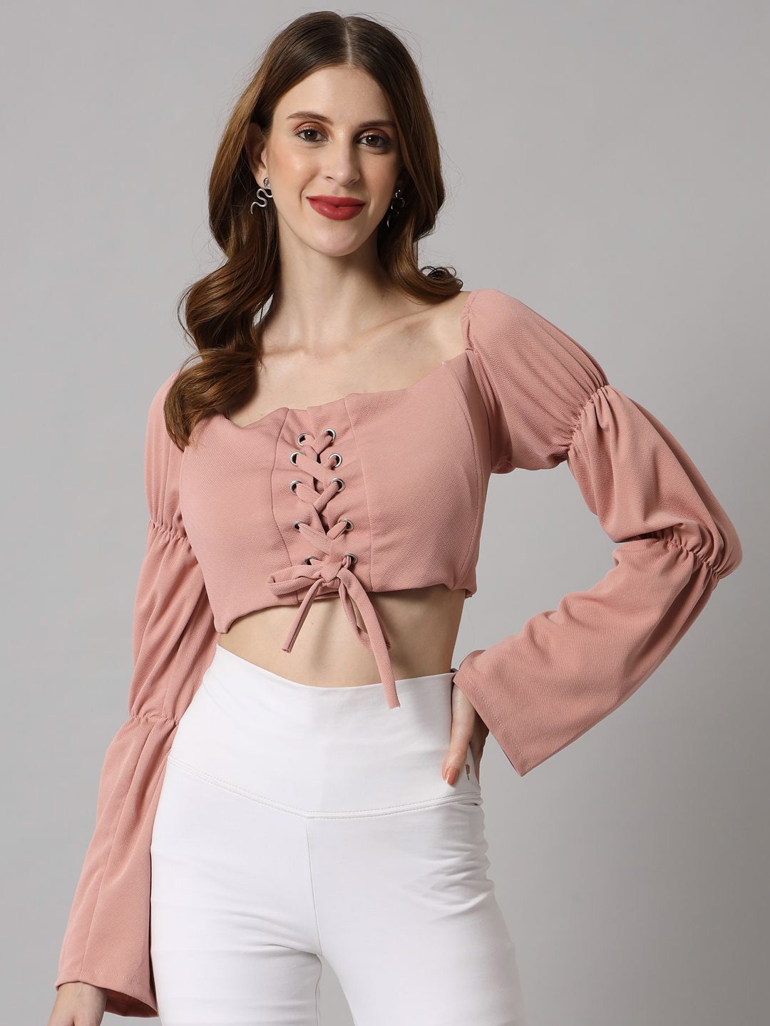 

TANDUL Solid Square Neck Lace-Up Knitted Crop Top, Nude