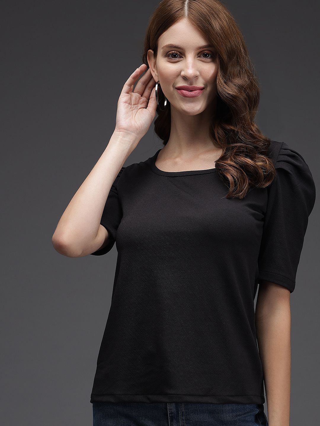 

TANDUL Solid Round Neck Knitted Top, Black