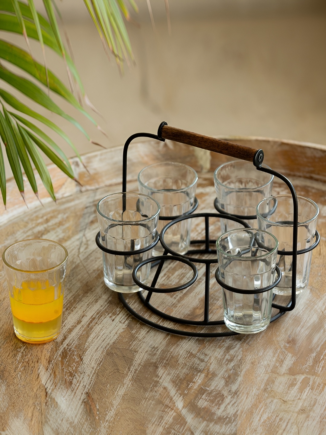 

ExclusiveLane Transparent 6 Pieces Glass Matte Finish Cups With Iron Holder 120ml Each