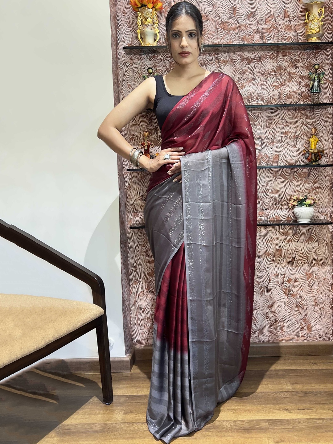 

Panzora Ombre Ready to Wear Saree With Blouse Piece, Maroon