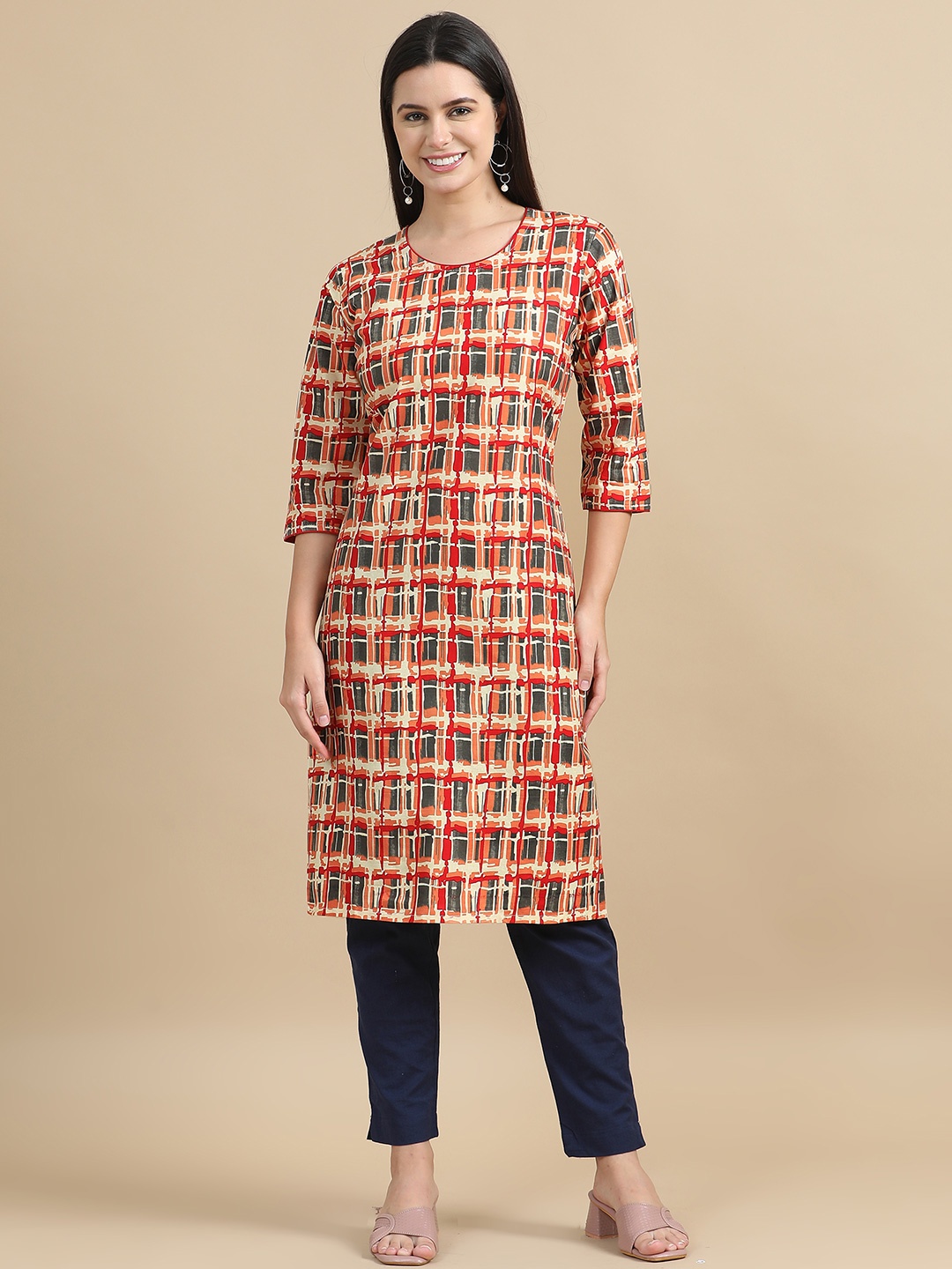 

MIRAAN Geometric Printed Round Neck Cotton Straight Kurta, Red