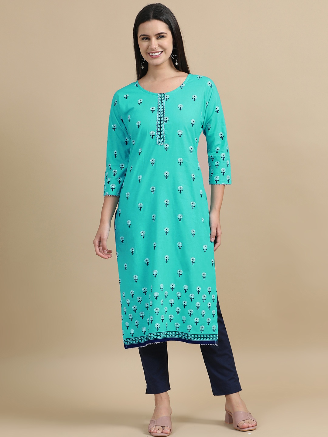 

MIRAAN Floral Printed Round Neck Cotton Straight Kurta, Green
