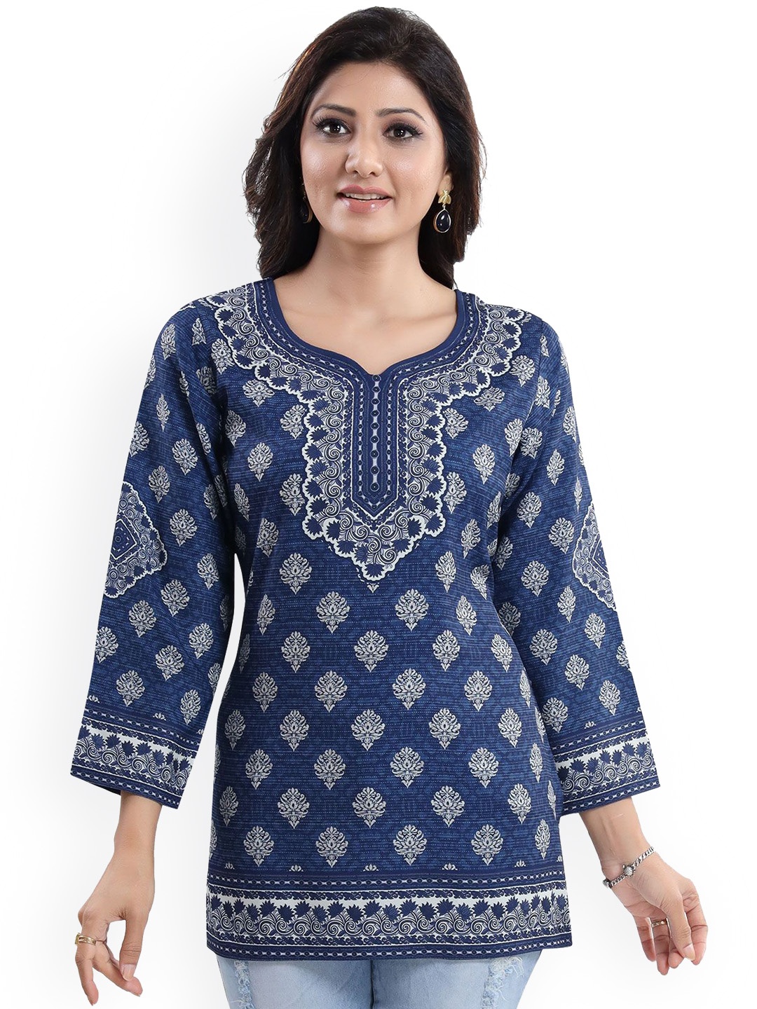 

MIRAAN Ethnic Motifs Printed V-Neck Pure Cotton Straight Kurti, Blue