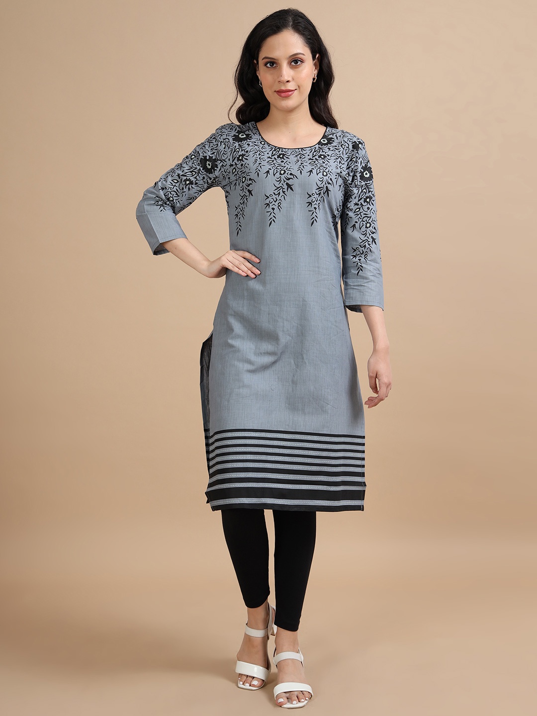 

MIRAAN Floral Printed Round Neck Cotton Straight Kurta, Grey