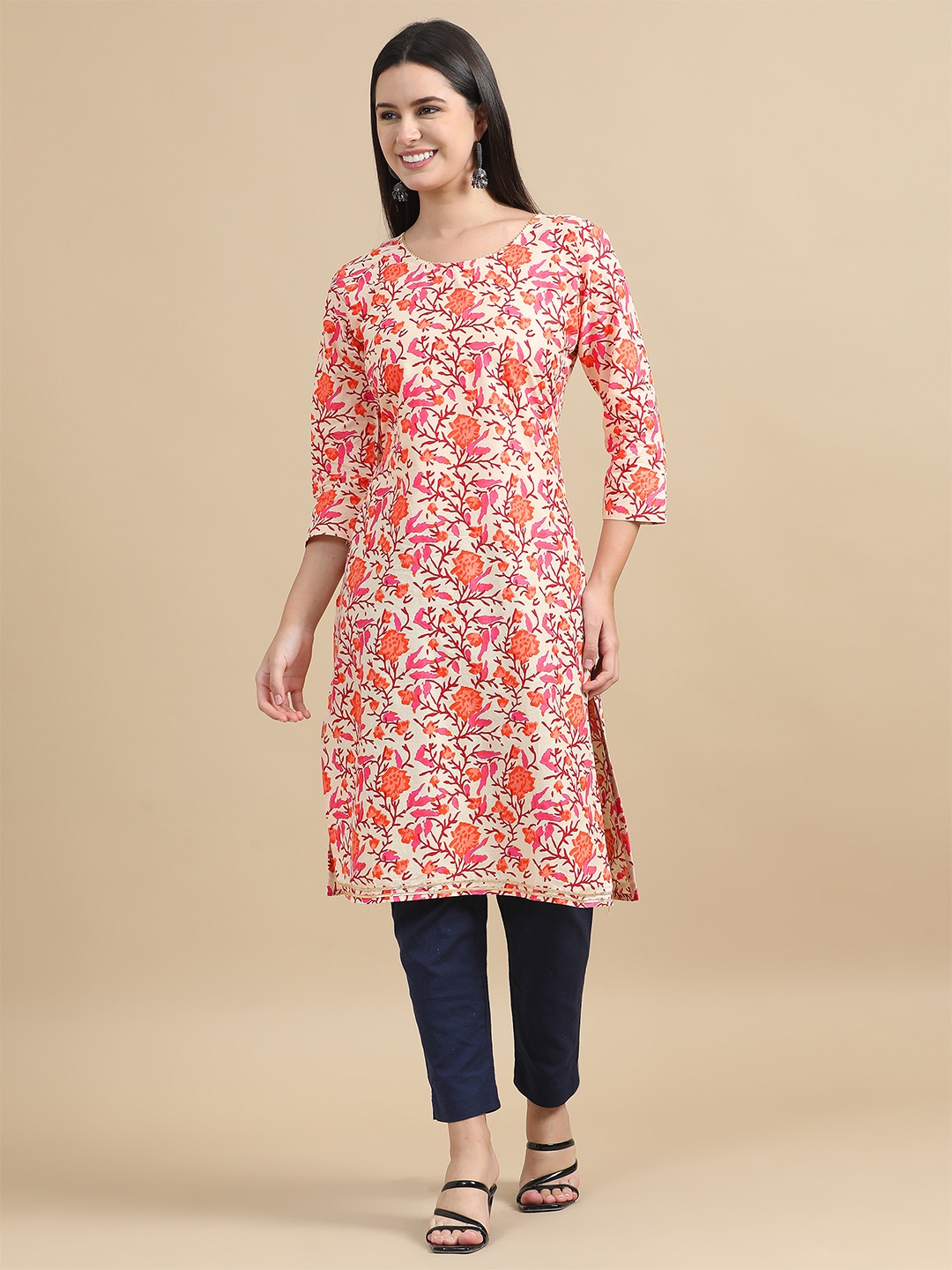 

MIRAAN Floral Printed Round Neck Cotton Straight Kurta, Beige