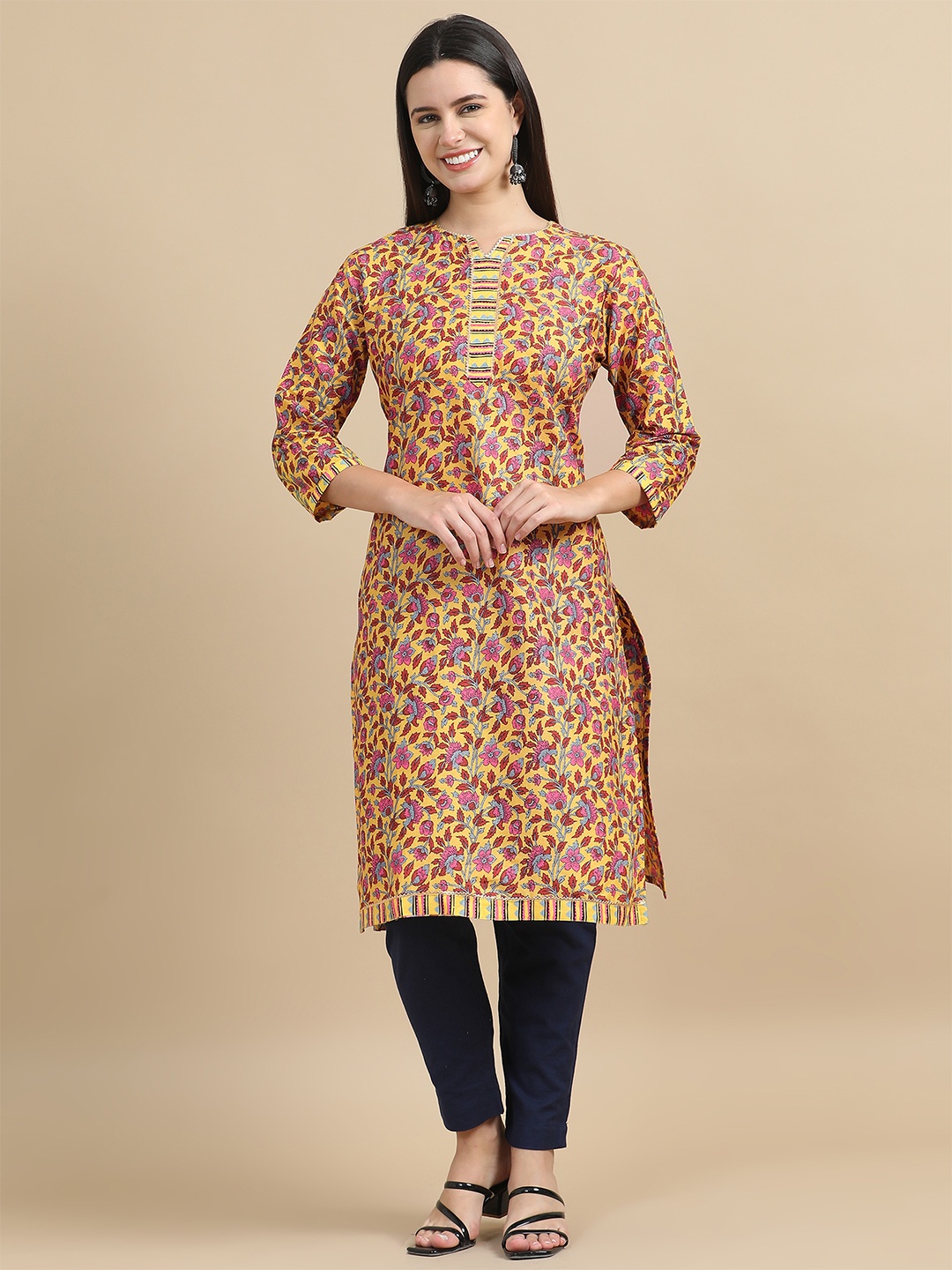 

MIRAAN Floral Printed Notch Neck Cotton Straight Kurta, Yellow