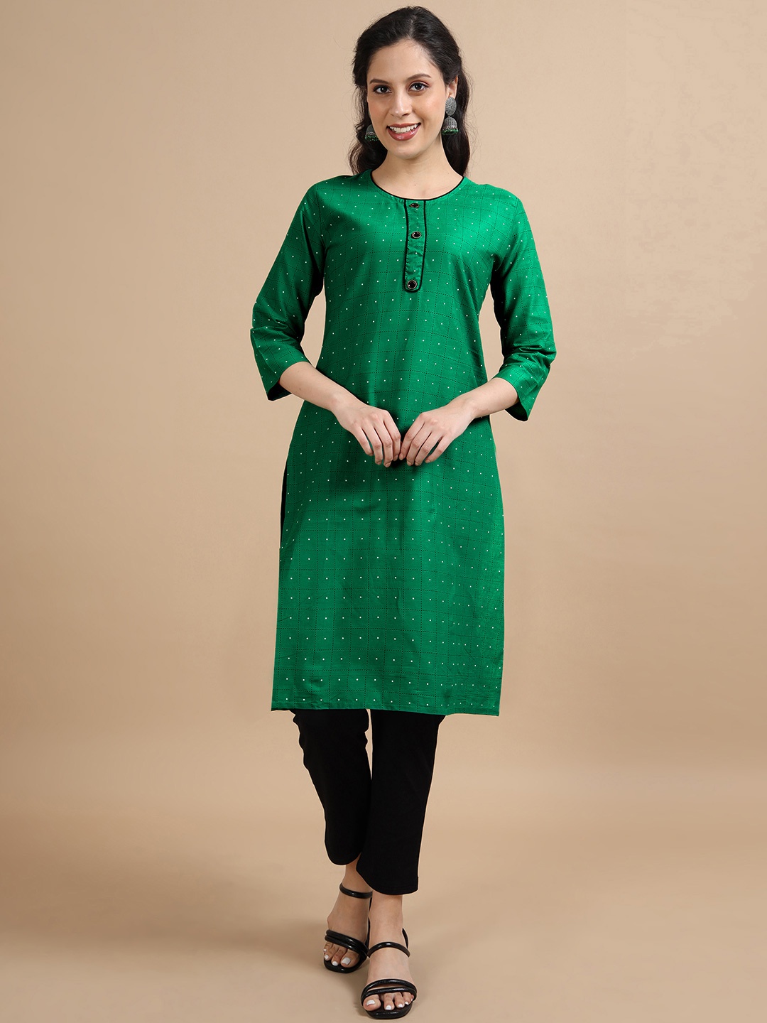 

MIRAAN Round Neck Three Quarter Geometric Printed Straight Kurta, Green
