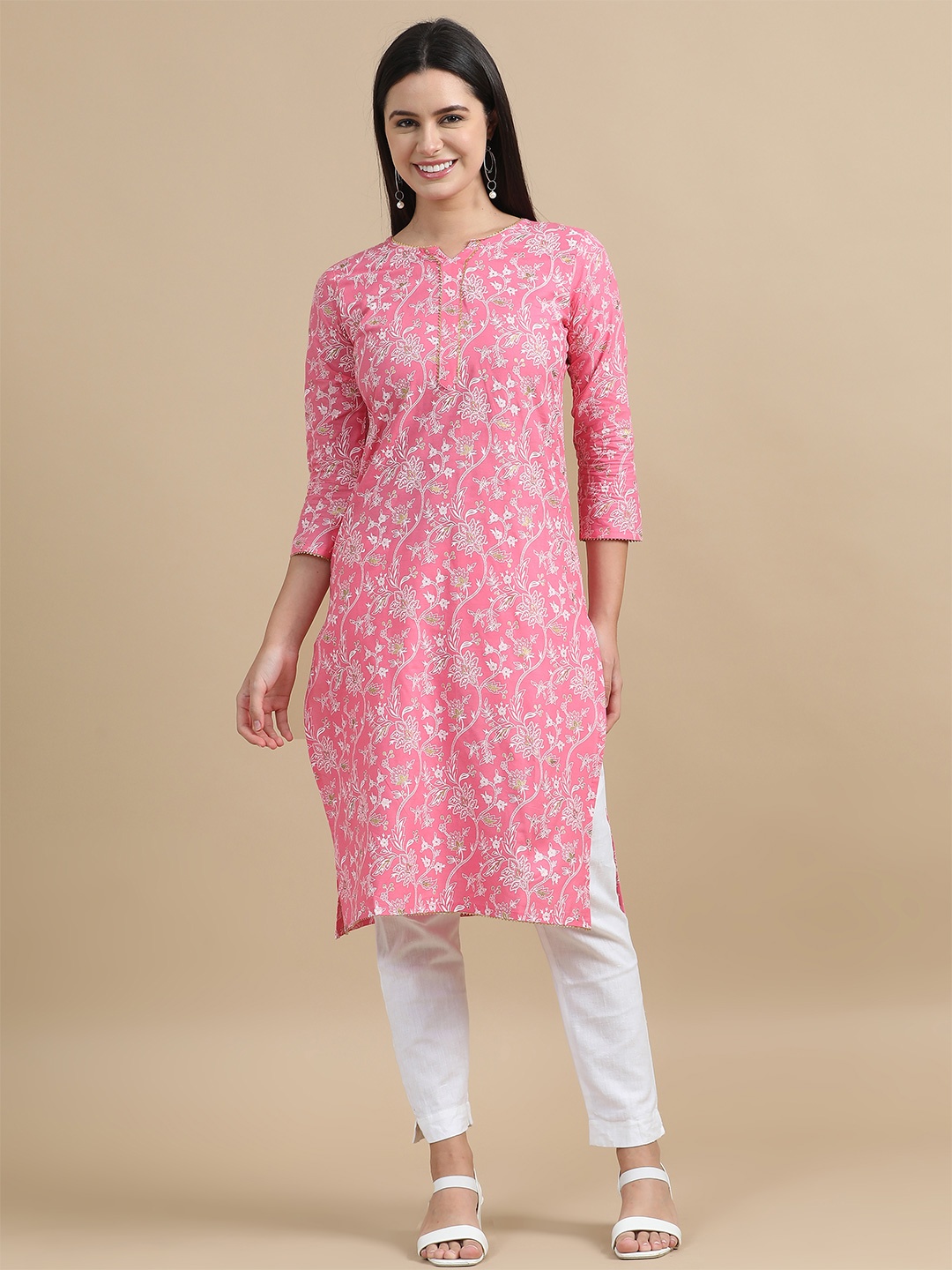 

MIRAAN Notch Neck Three Quarter Cotton Kurta, Pink