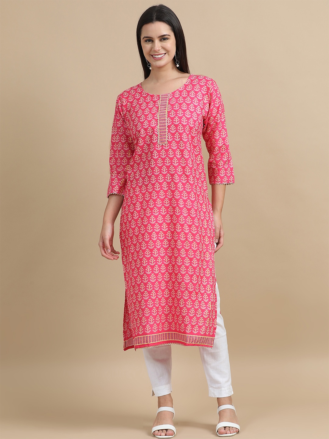 

MIRAAN Round Neck Three Quarter Sleeves Ethnic Motifs Cotton Kurta, Pink