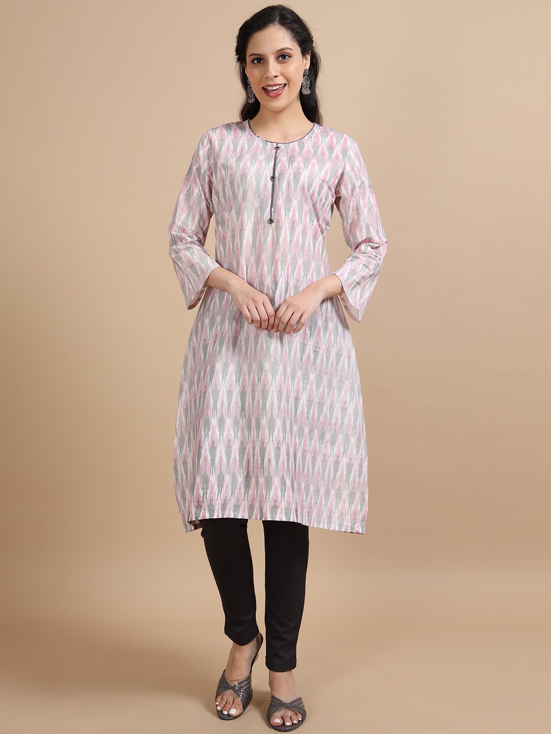 

MIRAAN Floral Printed Round Neck Cotton A-Line Kurta, Pink