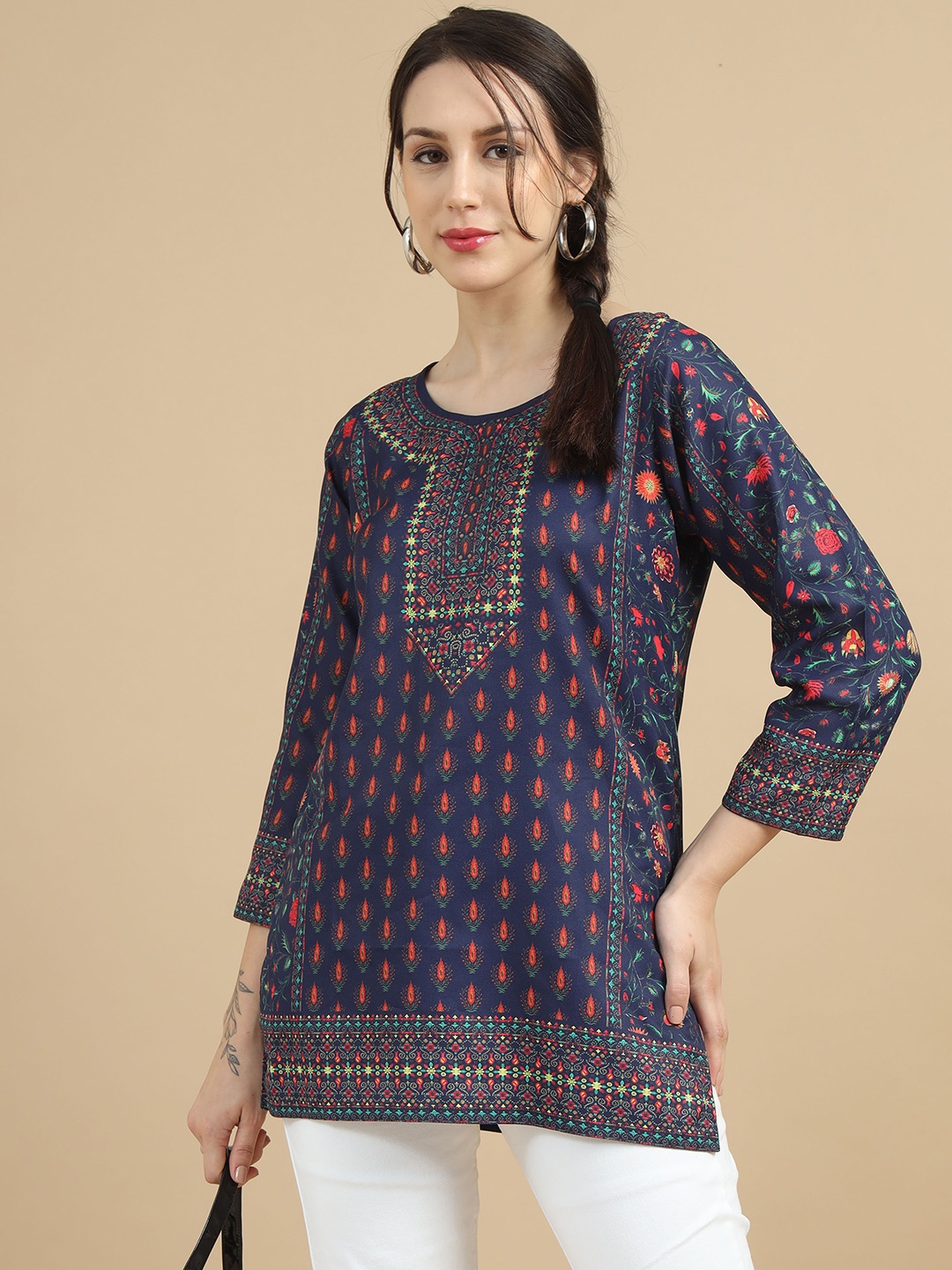 

MIRAAN Round Neck Three Quarter Sleeves Ethnic Motifs Printed Straight Short Kurta, Blue