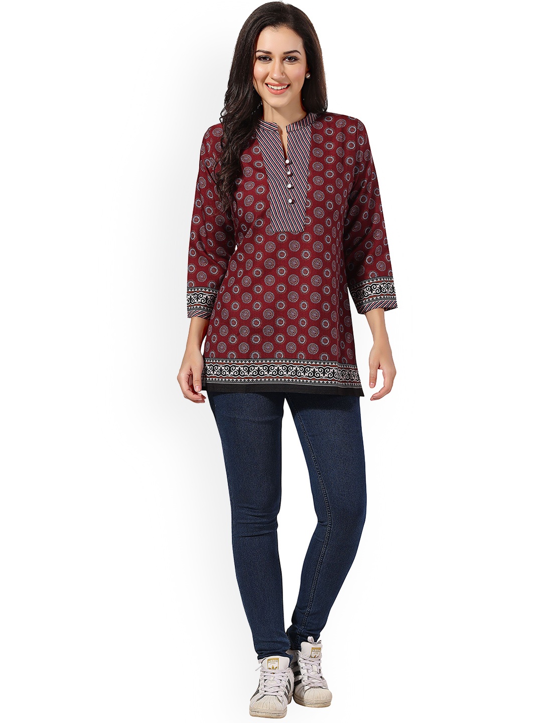 

MIRAAN Floral Printed Mandarin Collar Pure Cotton Straight Kurti, Maroon