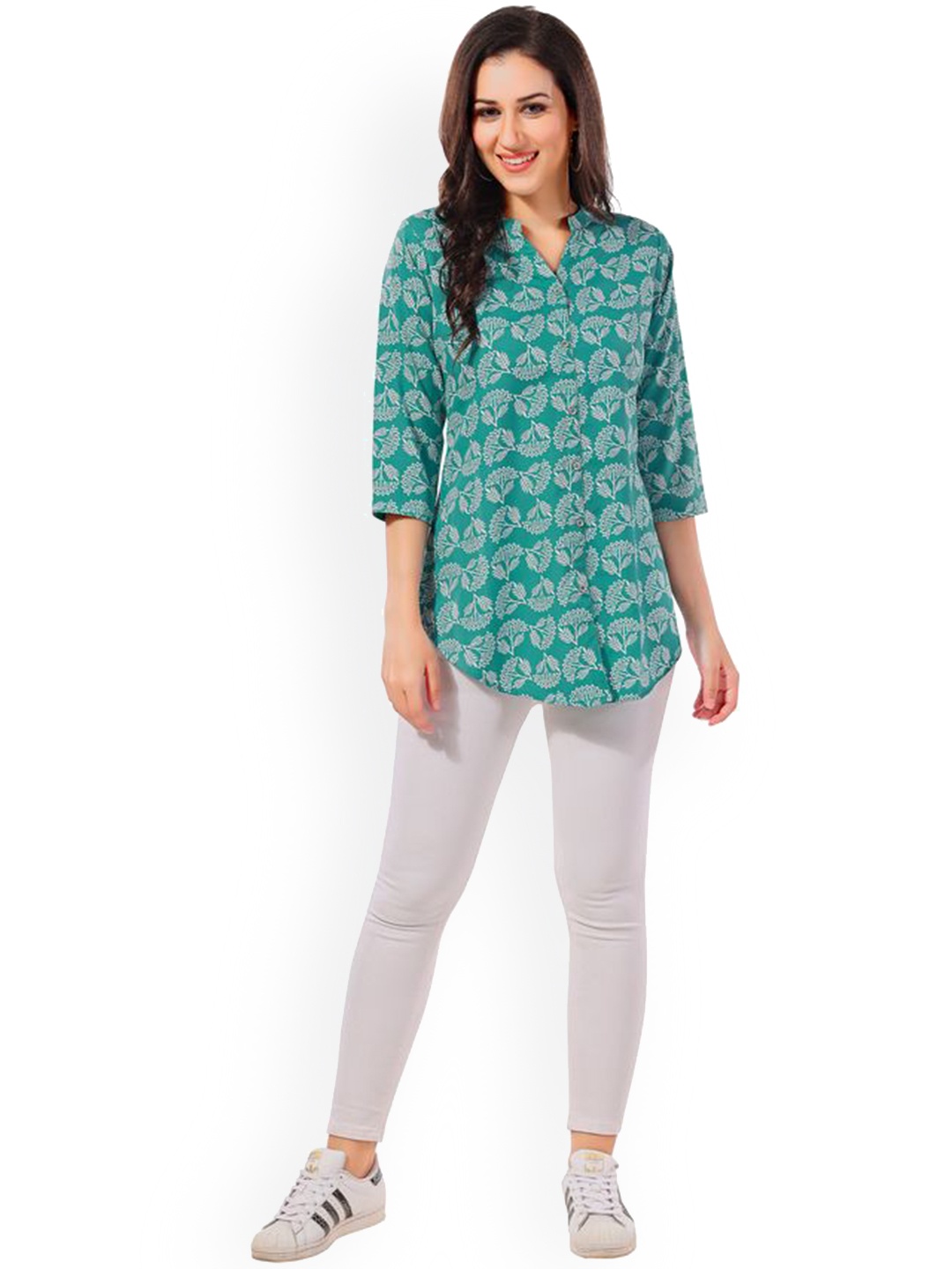 

MIRAAN Floral Printed Mandarin Collar Pure Cotton Straight Kurti, Green