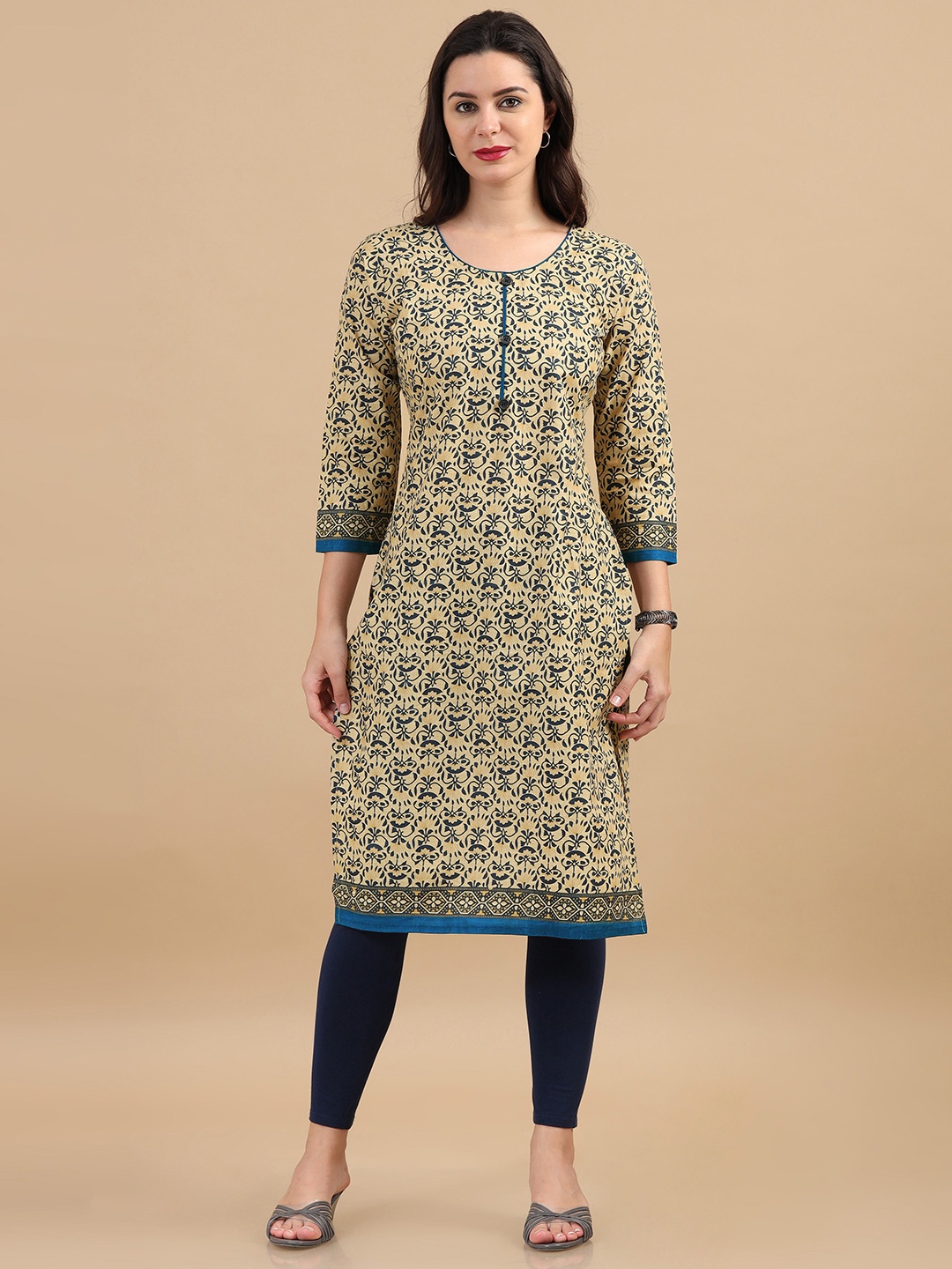 

MIRAAN Round Neck Three Quarter Sleeves Floral Printed Cotton Kurta, Blue