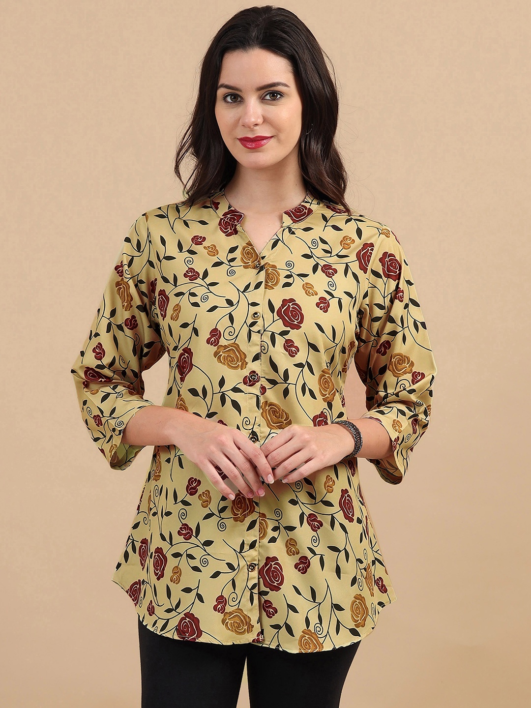 

MIRAAN Printed Mandarin Collar Cotton Short Kurta, Beige