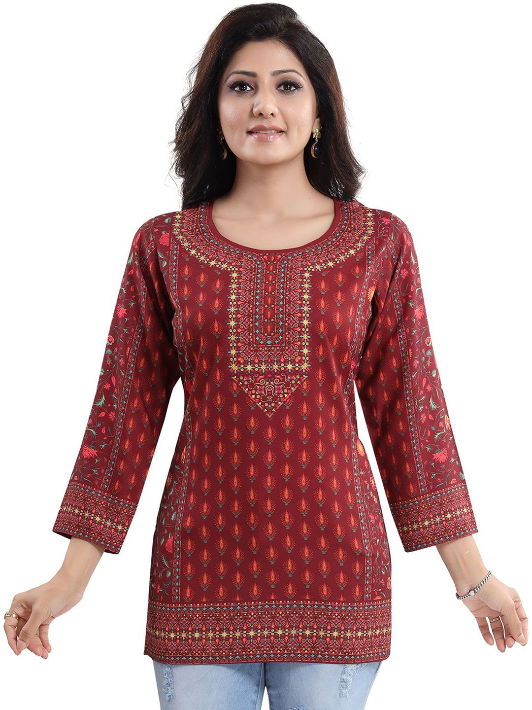 

MIRAAN Round Neck Three Quarter Sleeves Cotton Straight Kurta, Maroon