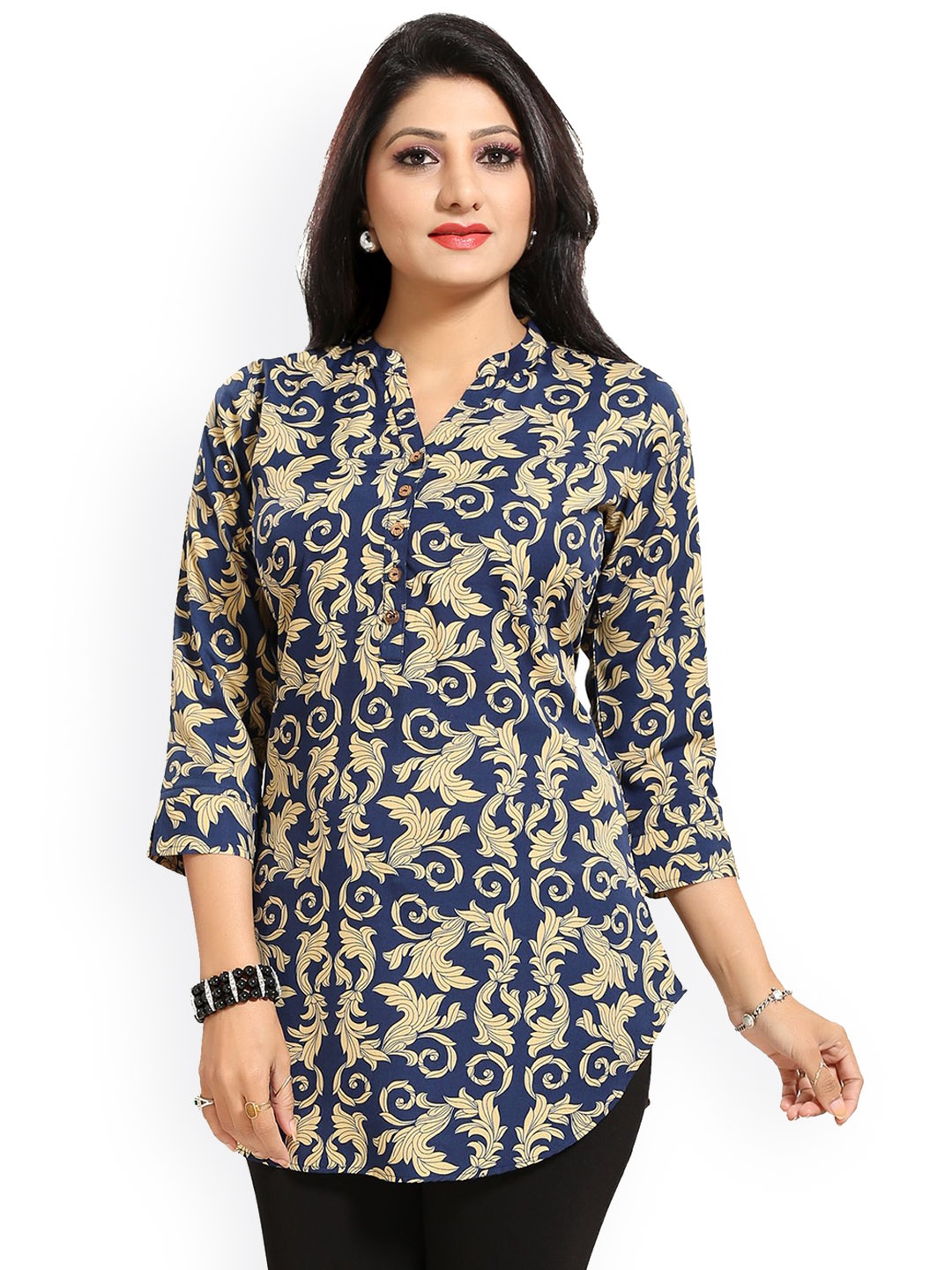 

MIRAAN Ethnic Motifs Printed Mandarin Collar Pure Cotton Straight Kurti, Blue