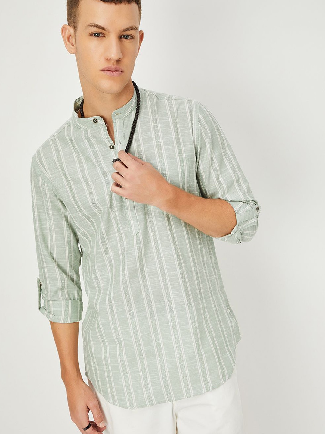 

max Mandarin Collar Roll-Up Sleeves Striped Cotton Straight Kurta, Green