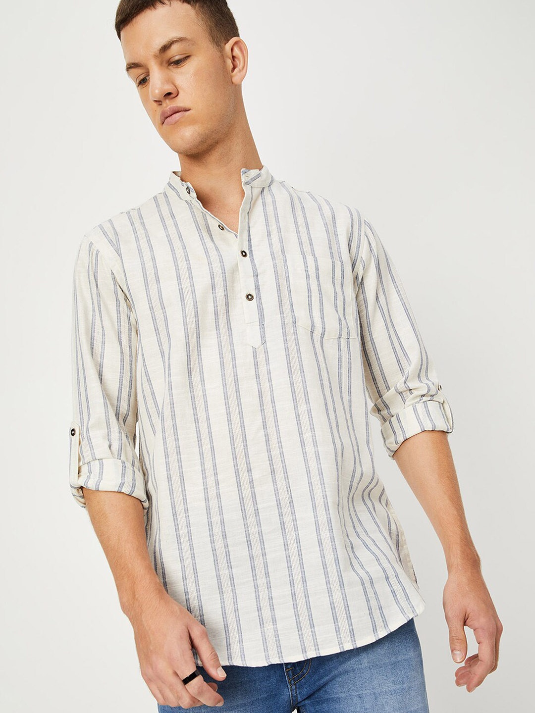 

max Striped Mandarin Collar Roll-Up Sleeves Pure Cotton Straight Kurta, Off white