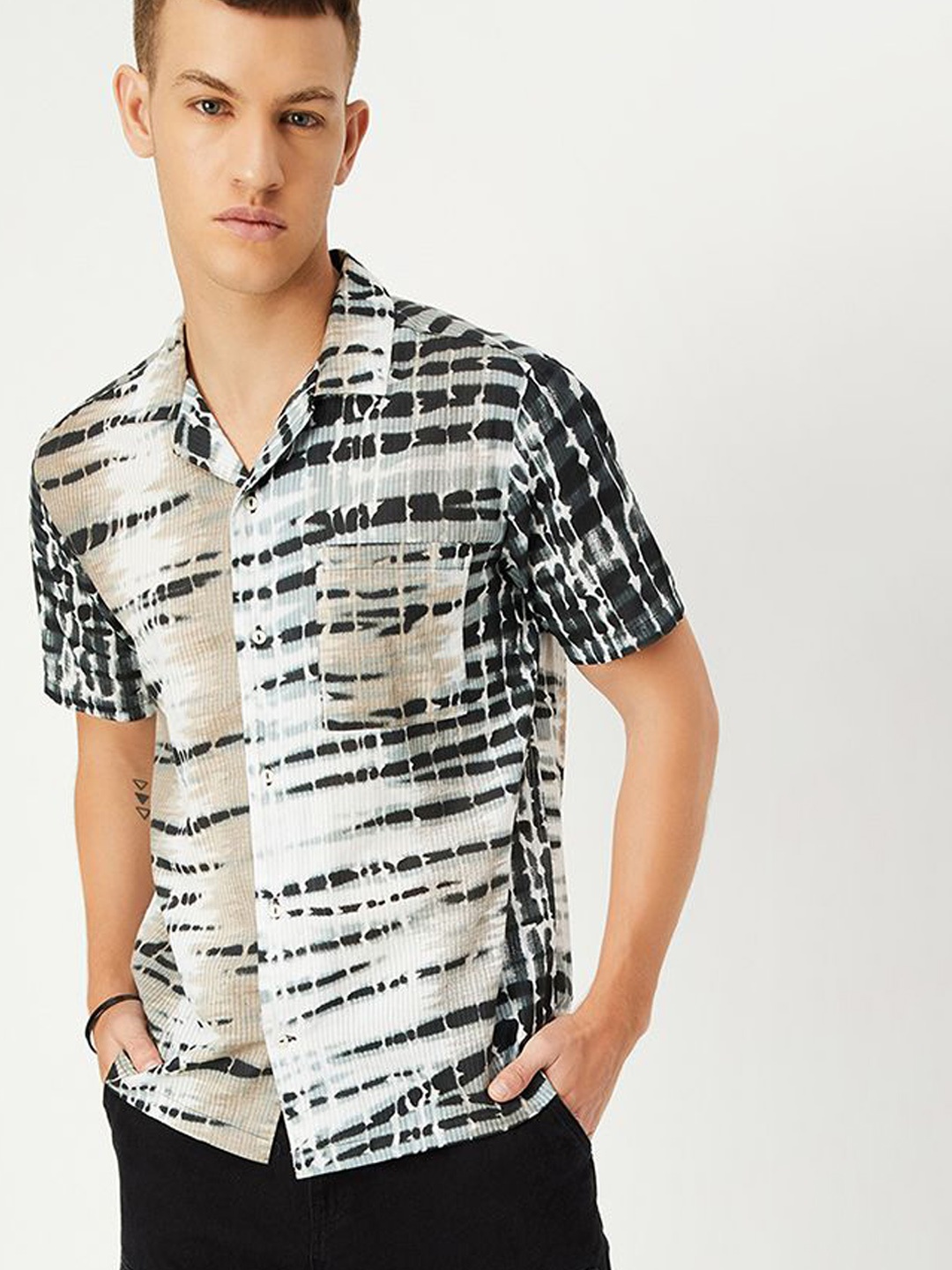 

max Abstract Printed Cuban Collar Pure Cotton Casual Shirt, Beige