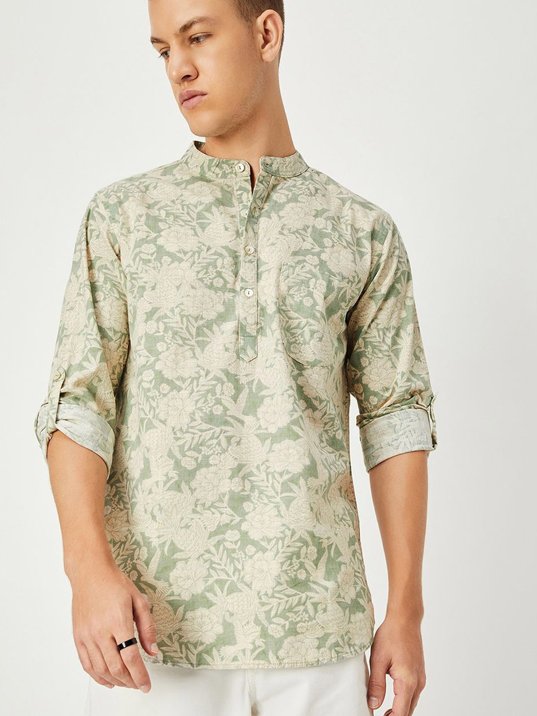 

max Mandarin Collar Roll-Up Sleeves Floral Printed Pure Cotton Straight Kurta, Green