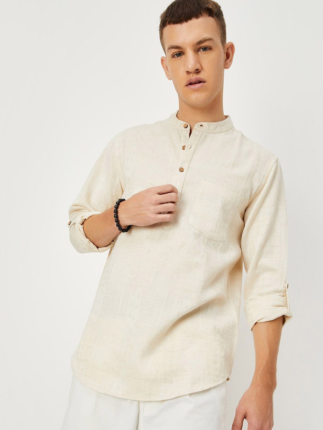 

max Mandarin Collar Roll-Up Sleeves Cotton Straight Kurta, Off white