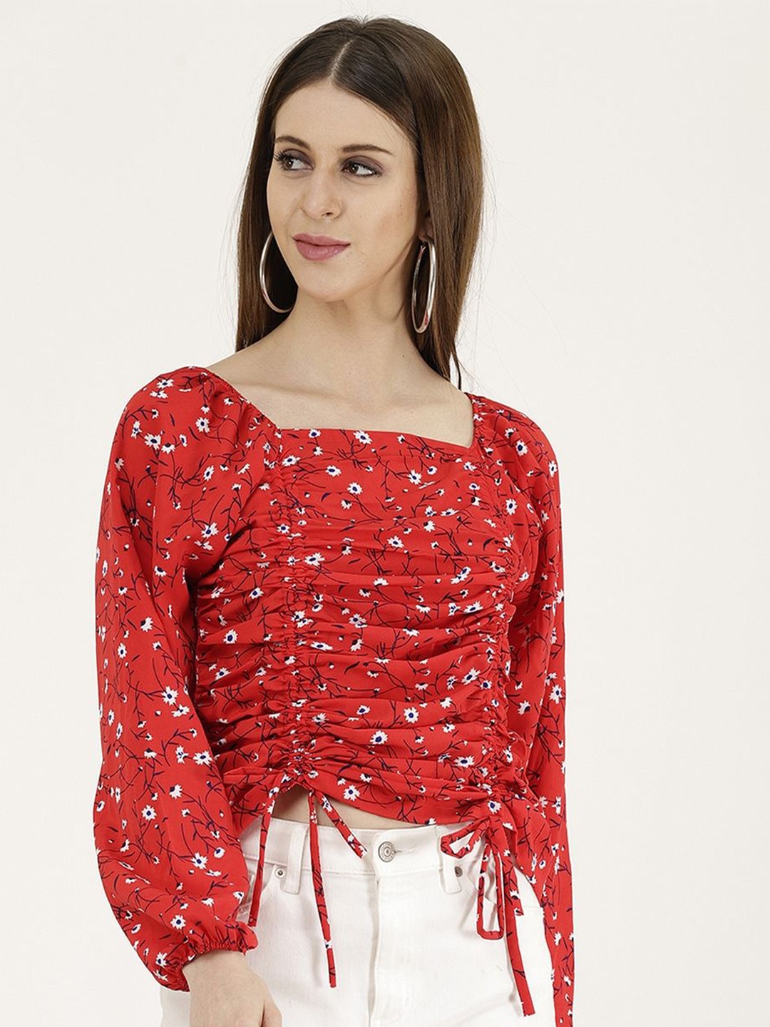 

TANDUL Floral Printed Puff Sleeve Crop Top, Red