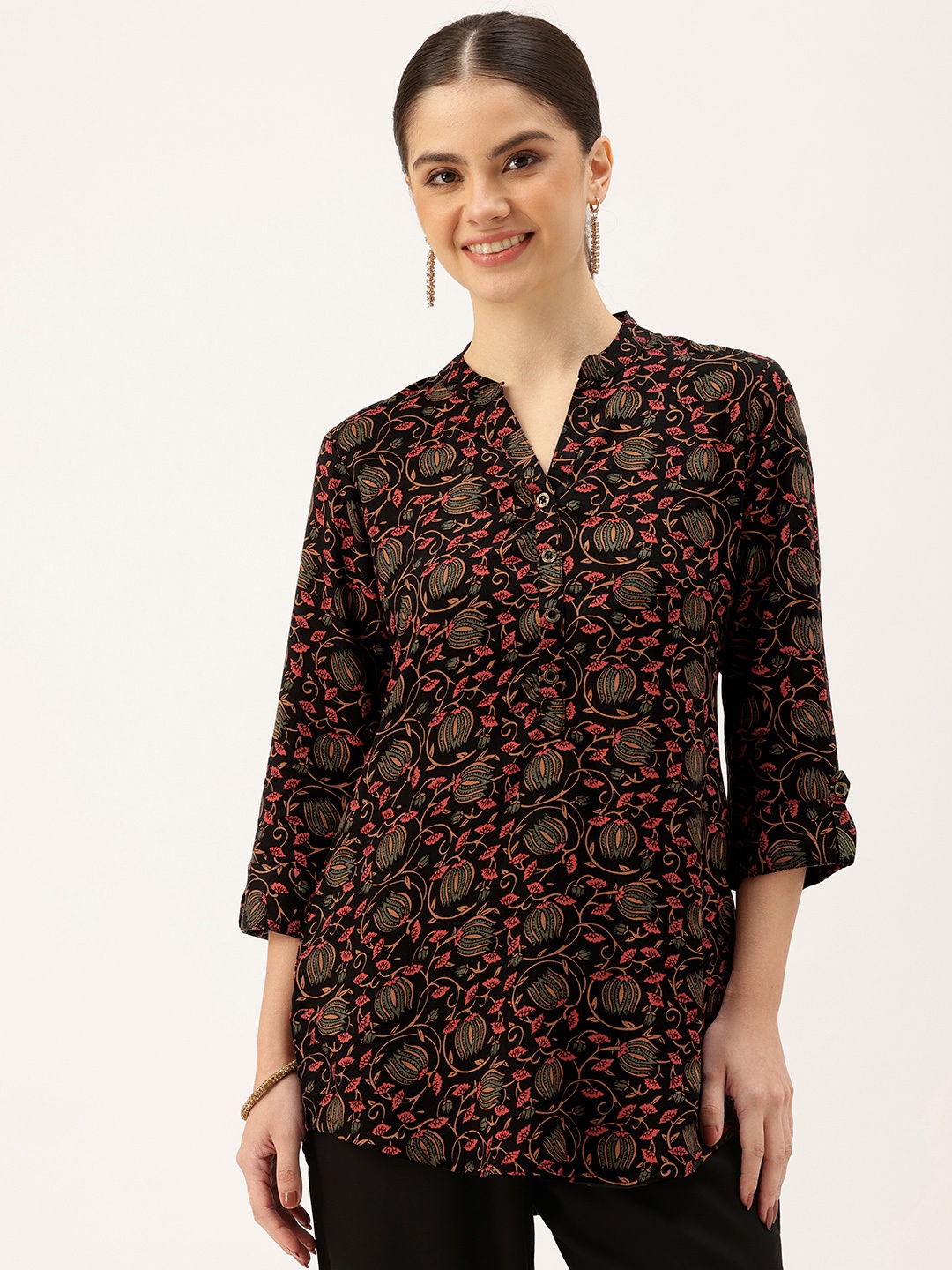 

AMUKTI Mandarin Collar Printed Tunic, Black