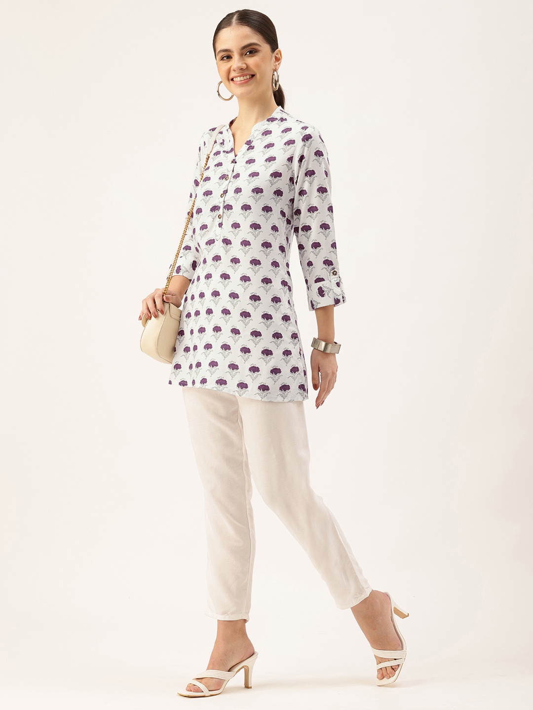 

AMUKTI Mandarin Collar Printed Tunic, White