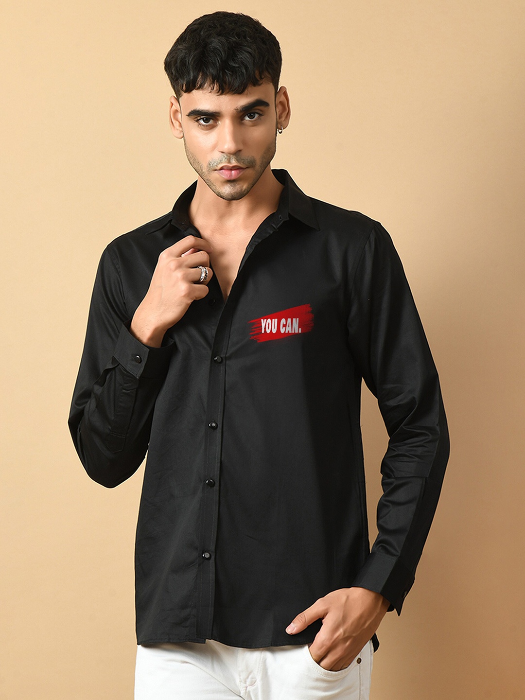 

OFFMINT Classic Spread Collar Long Sleeves Cotton Casual Shirt, Black