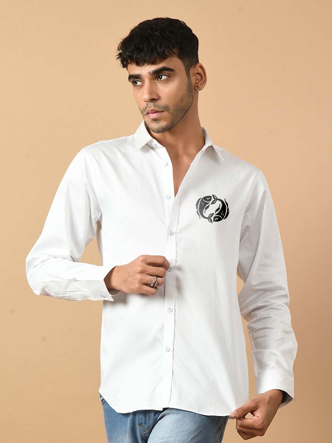 

OFFMINT Classic Spread Collar Long Sleeves Cotton Casual Shirt, White