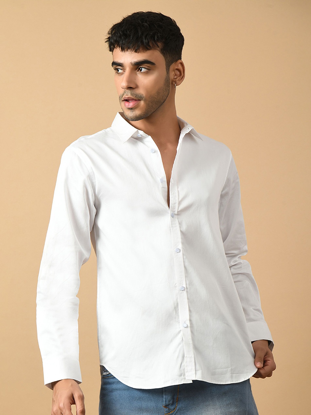 

OFFMINT Classic Spread Collar Long Sleeves Cotton Casual Shirt, White