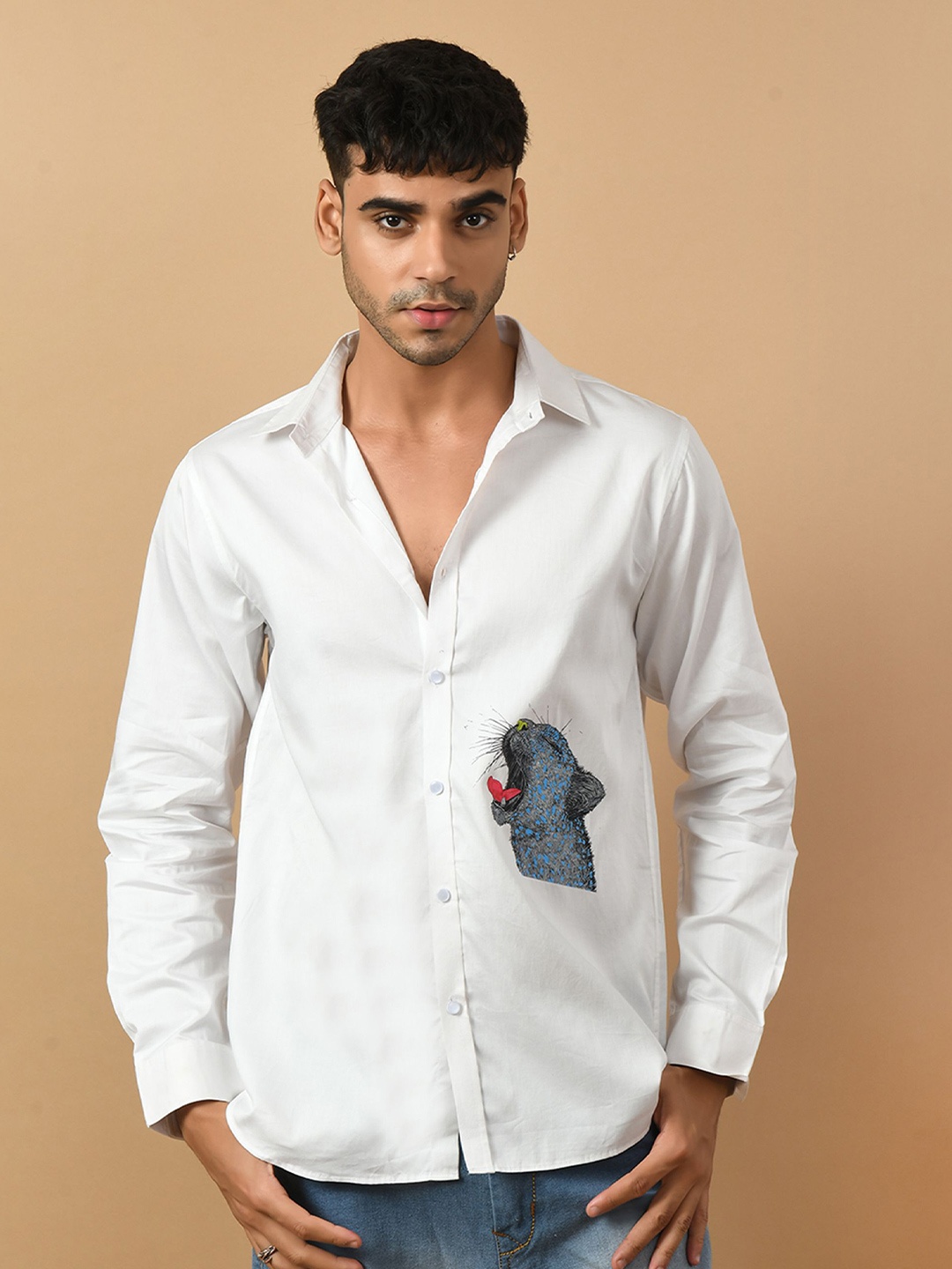 

OFFMINT Classic Animal Printed Spread Collar Satin Casual Shirt, White