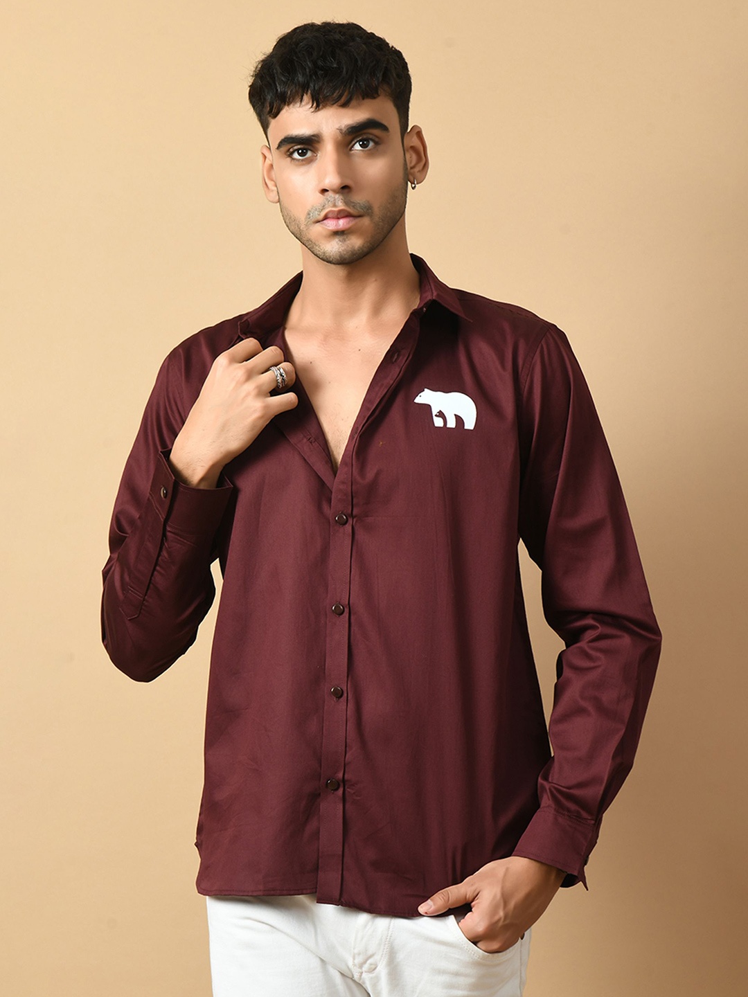 

OFFMINT Classic Spread Collar Long Sleeves Cotton Casual Shirt, Maroon