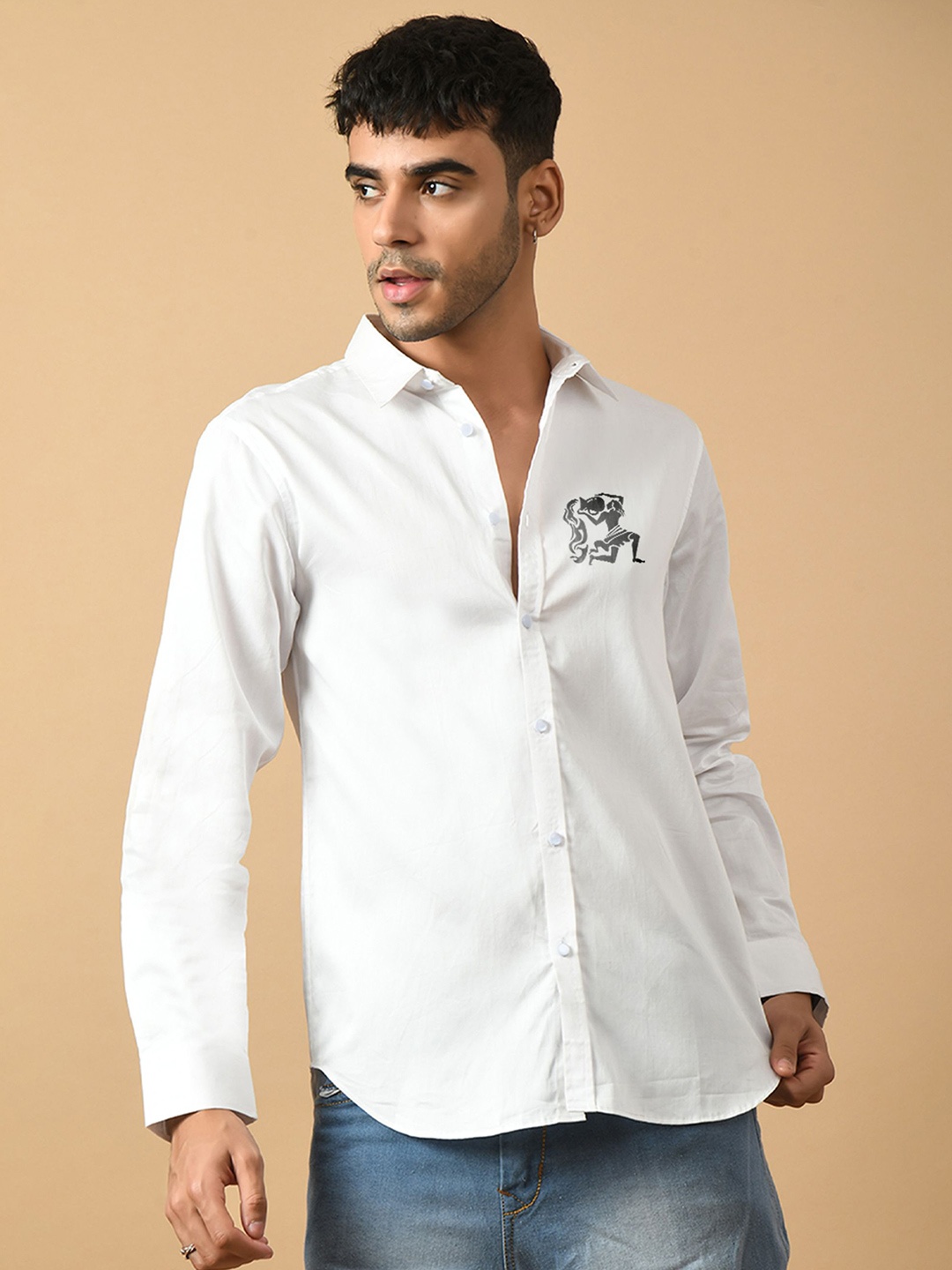 

OFFMINT Classic Spread Collar Long Sleeves Cotton Casual Shirt, White