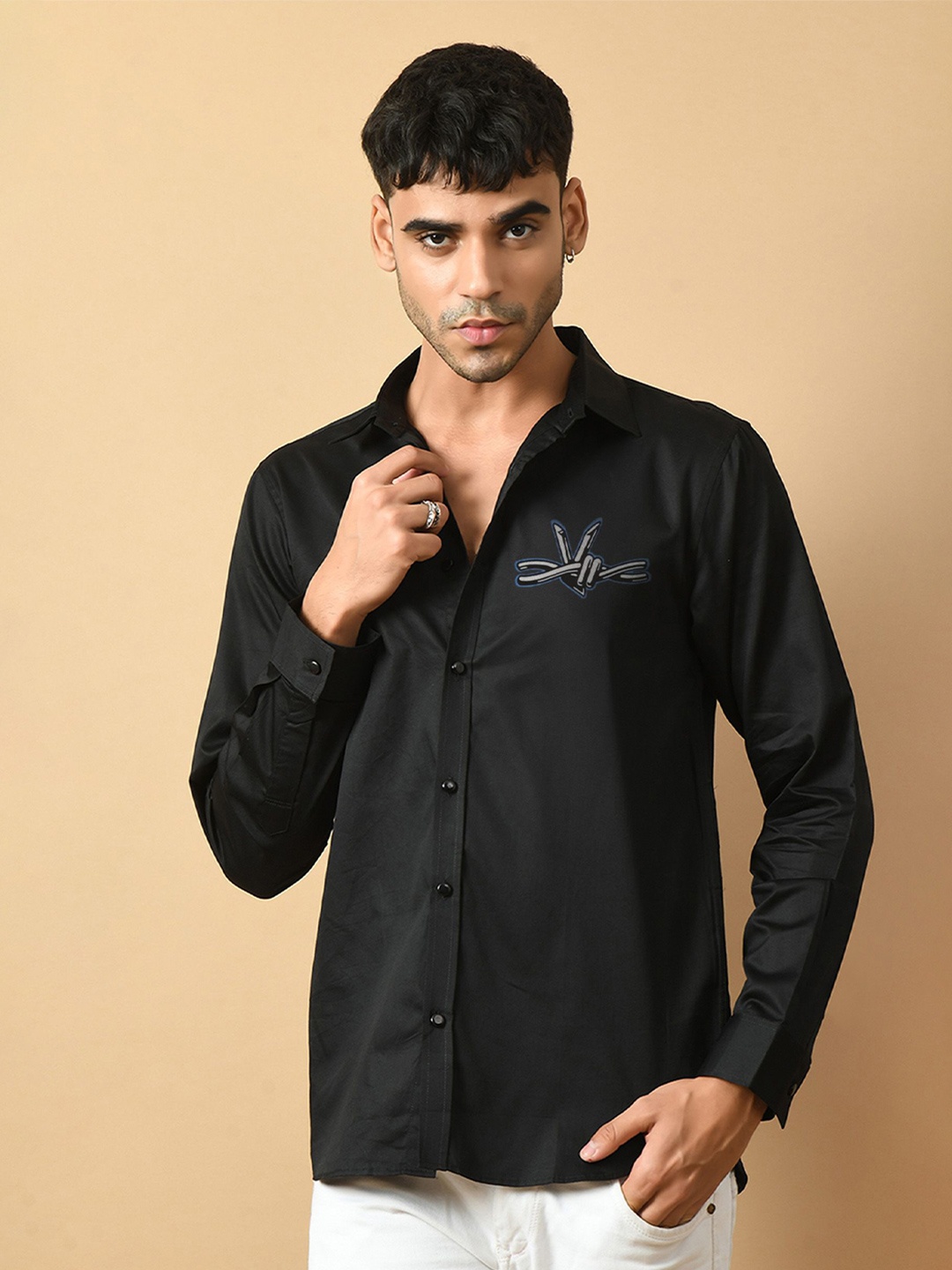 

OFFMINT Classic Spread Collar Satin Casual Shirt, Black