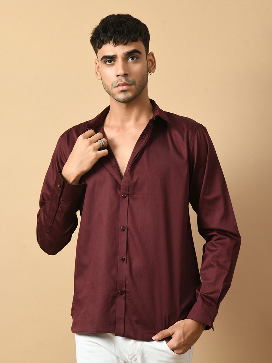 

OFFMINT Classic Spread Collar Long Sleeves Cotton Casual Shirt, Maroon