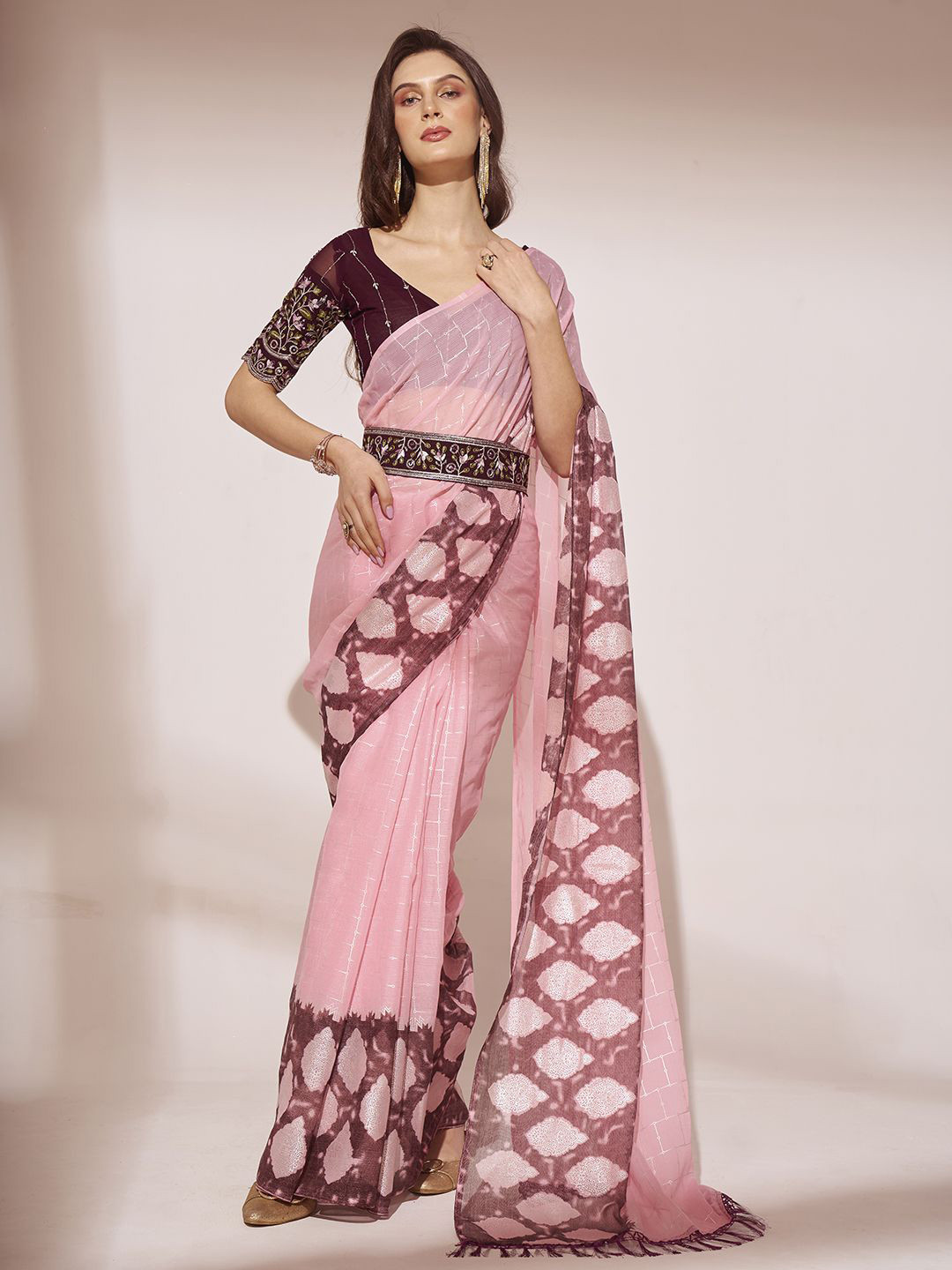 

Kalista Pure Georgette Belted Saree, Pink