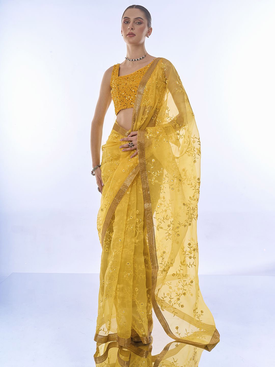 

Kalista Embroidered Sequinned Tissue Saree, Yellow