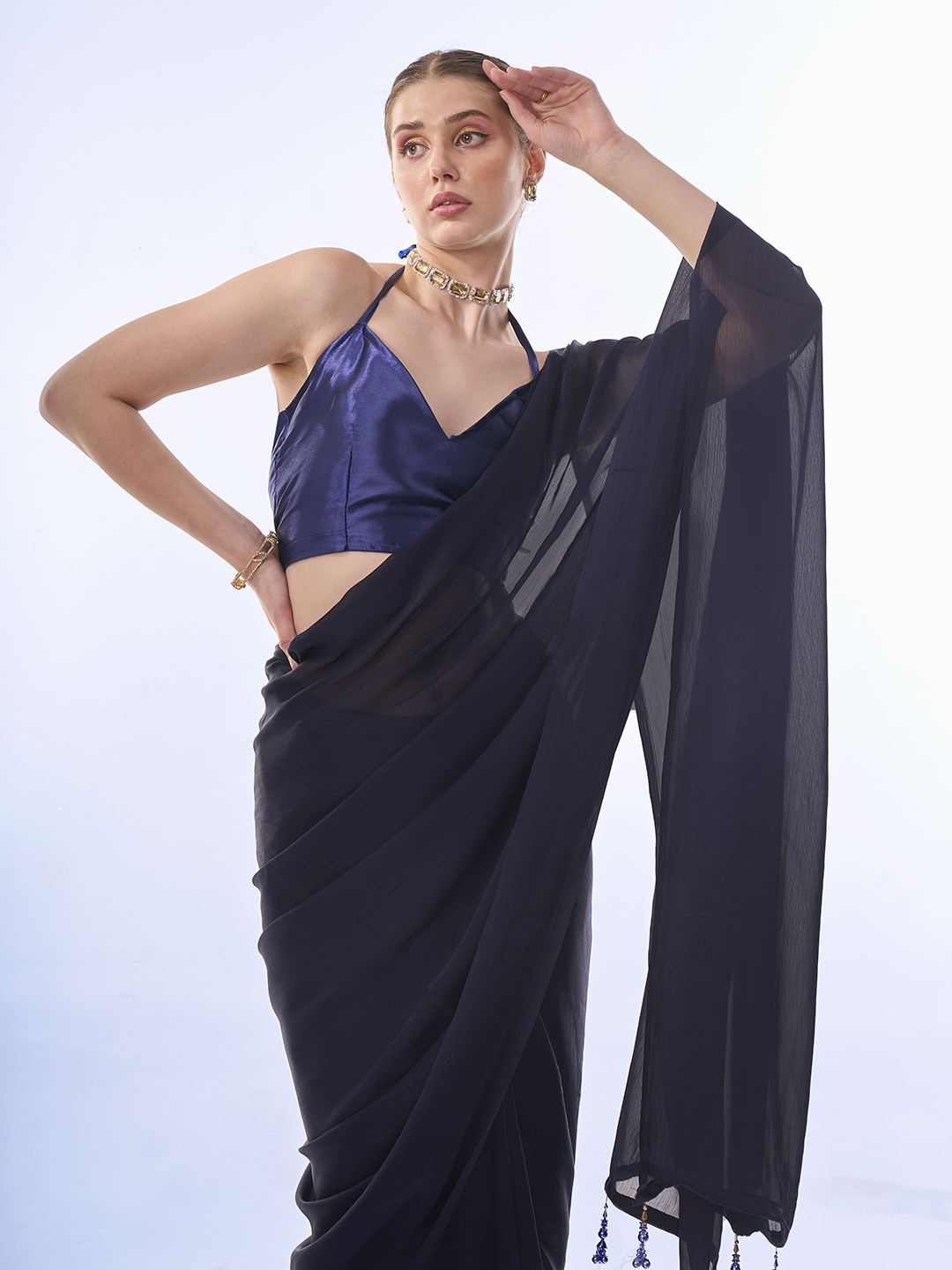 

Kalista Pure Chiffon Saree, Navy blue