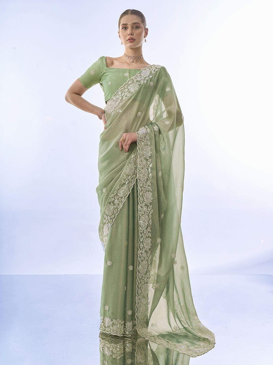

Kalista Floral Embroidered Pure Chiffon Saree, Sea green