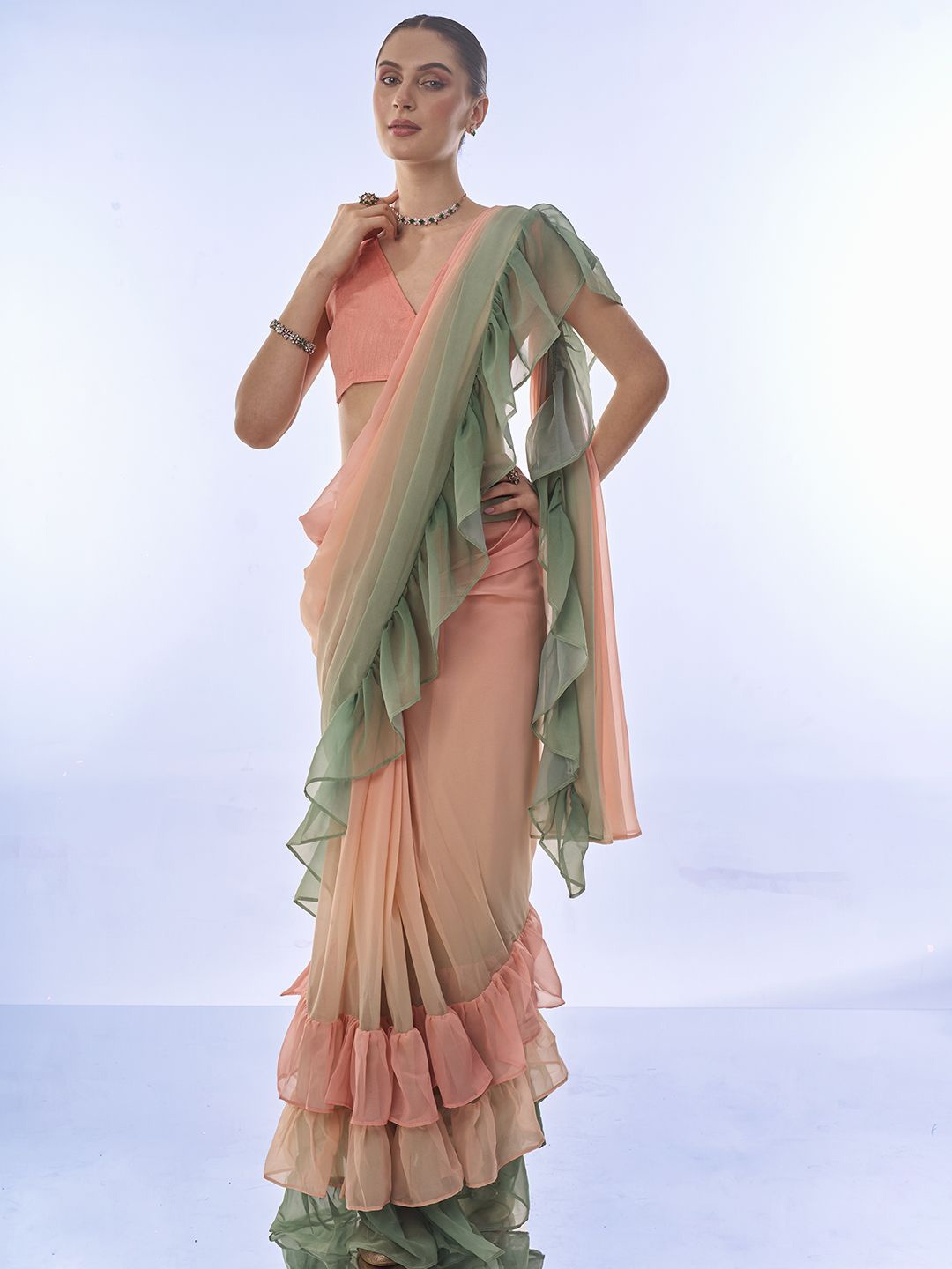 

Kalista Ombre Pure Georgette Ready to Wear Saree, Peach