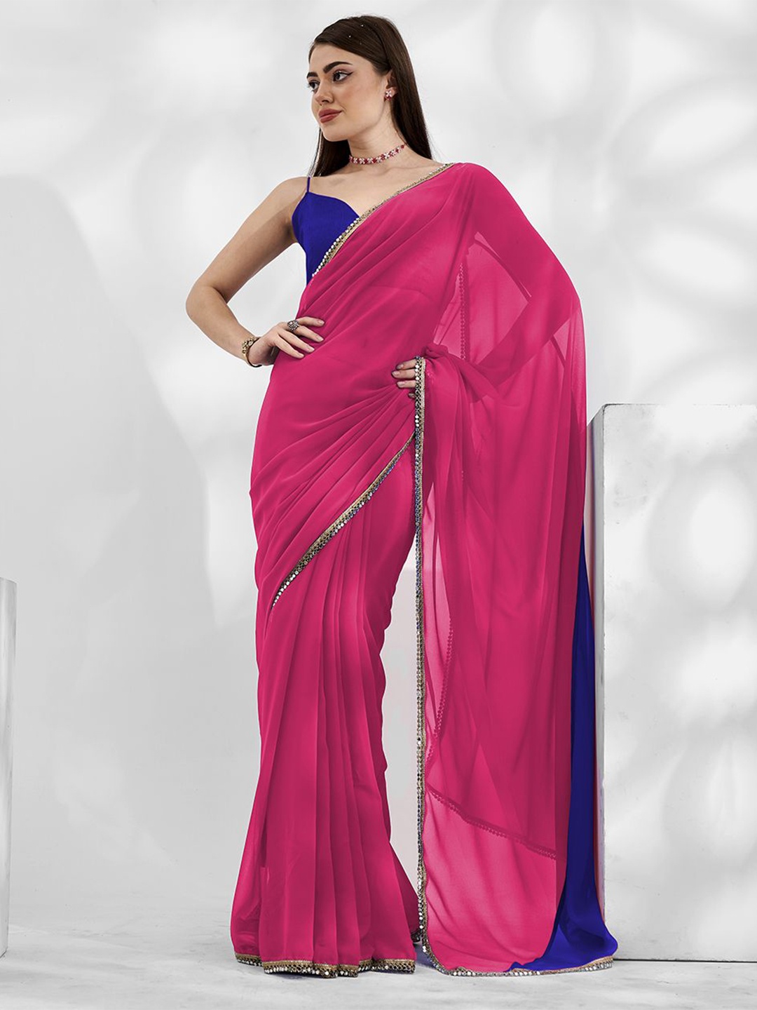 

Kalista Solid Colorblocked Pure Georgette Designer Saree, Pink