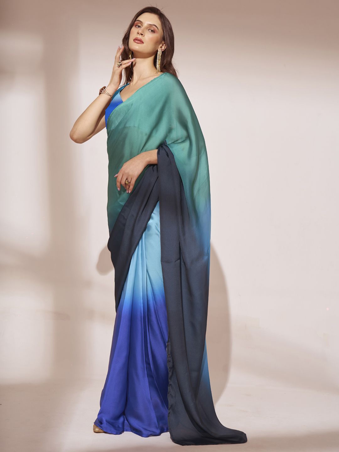 

Kalista Ombre Satin Ready to Wear Saree, Blue