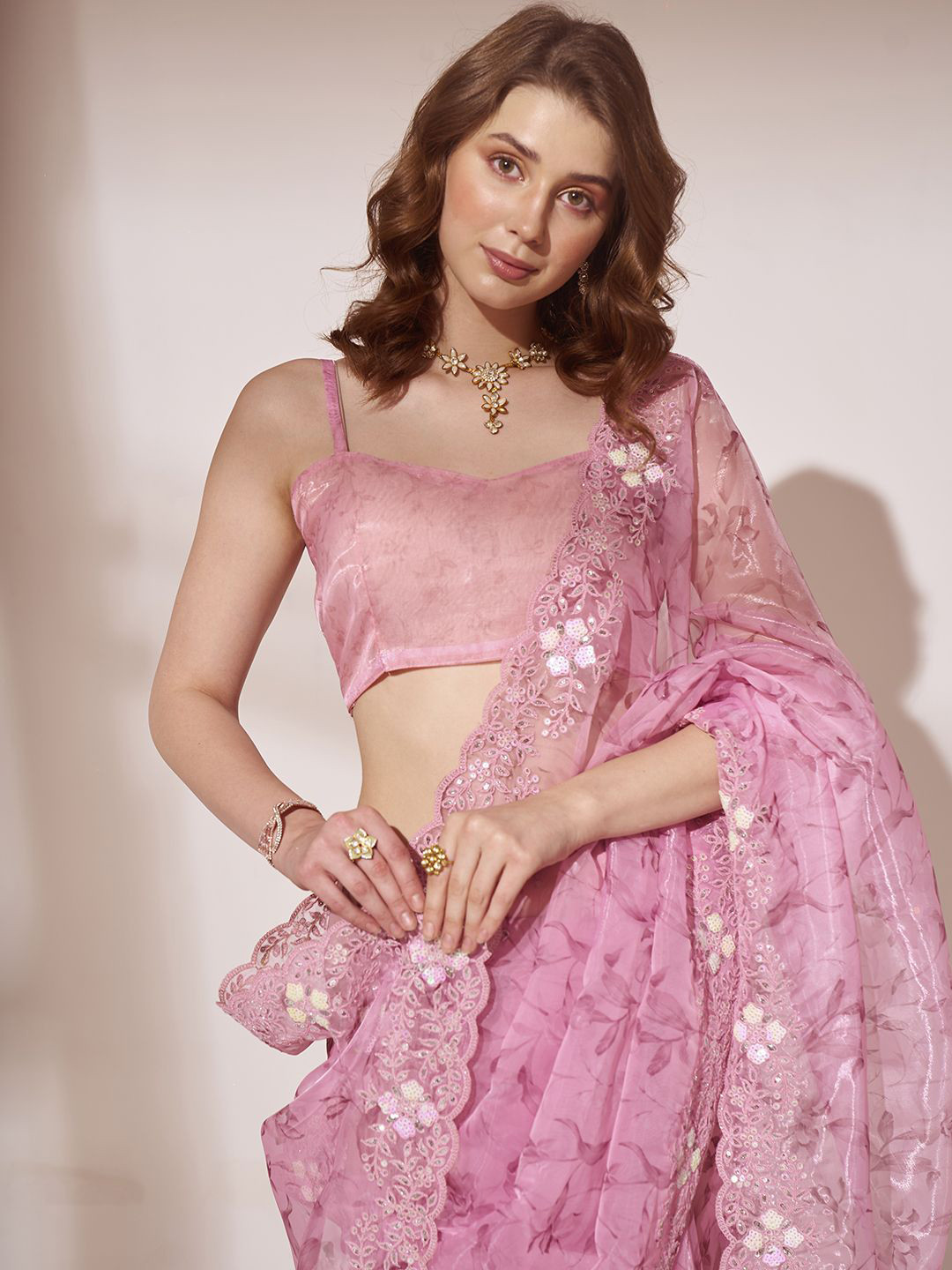 

Kalista Embellished Sequinned Organza Designer Saree, Pink