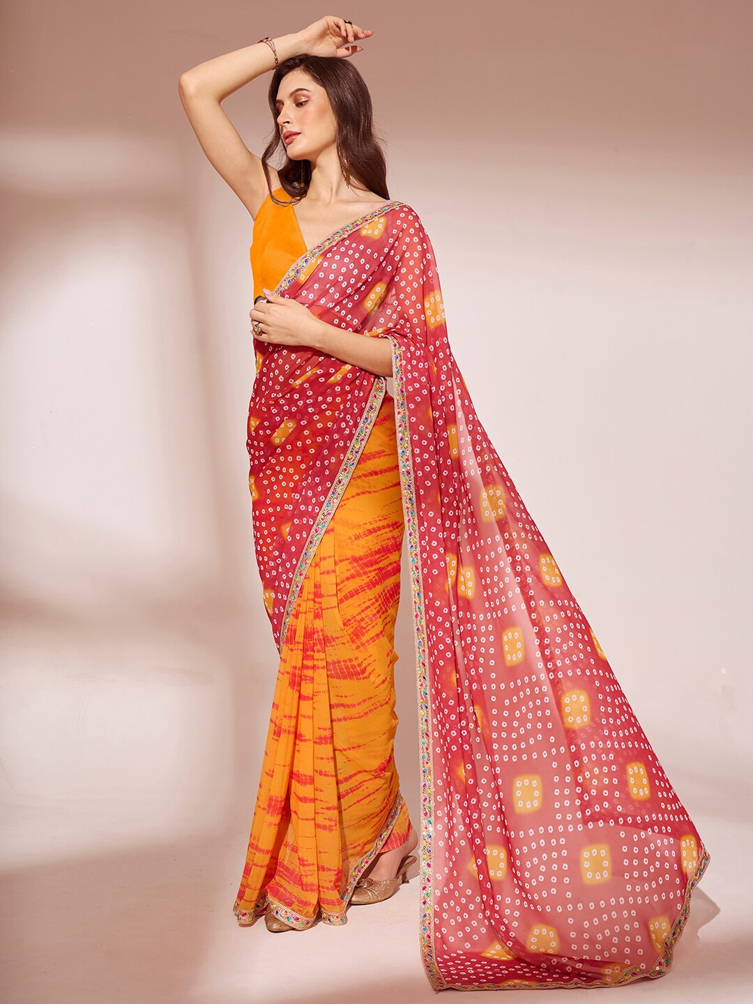 

Kalista Embroidered Pure Georgette Bandhani Saree, Red