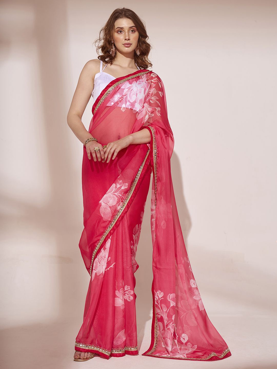 

Kalista Floral Organza Saree, Pink